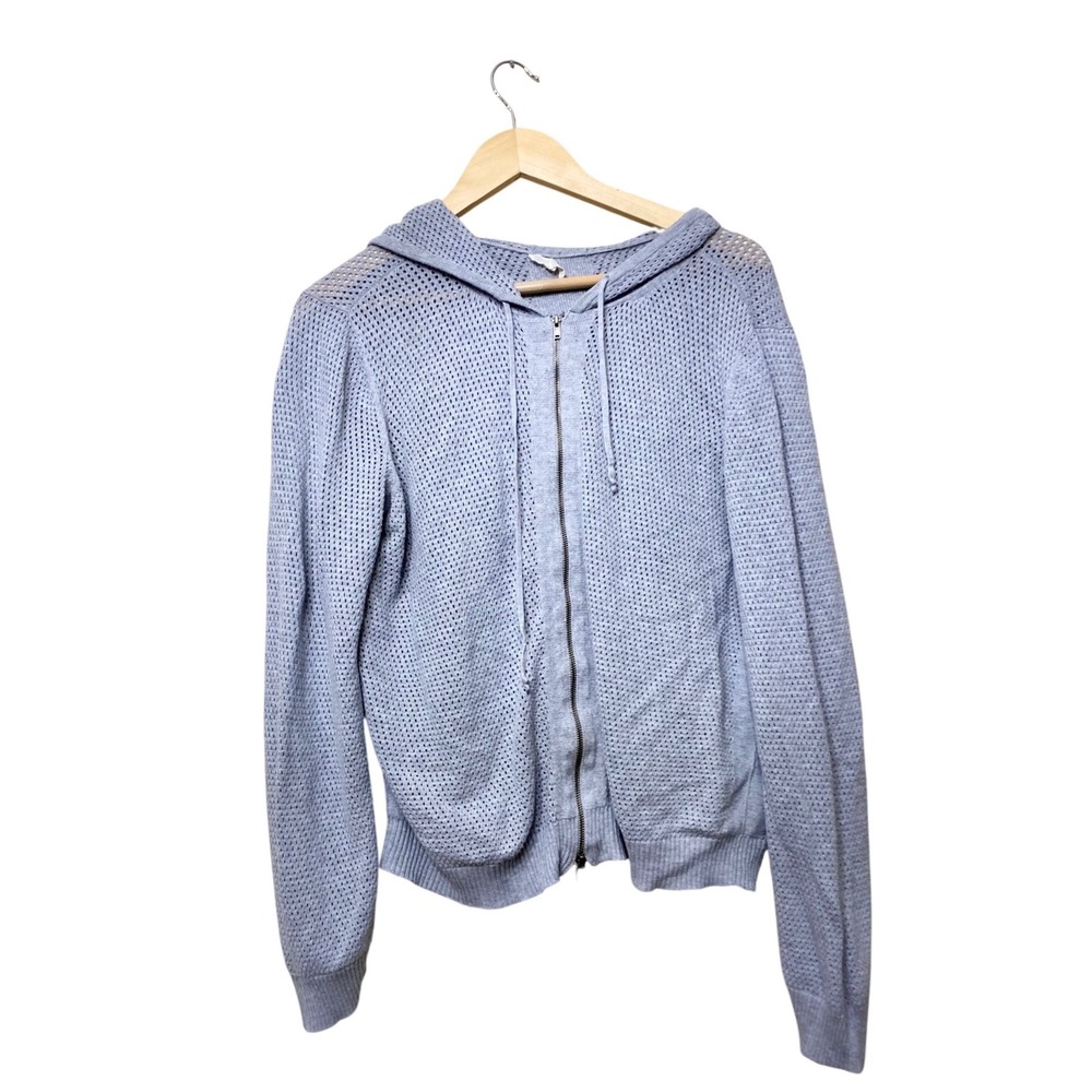 Eileen Fisher‎ Womens Blue Mesh Open Knit Full Zip Hoodie Sweater Size Small